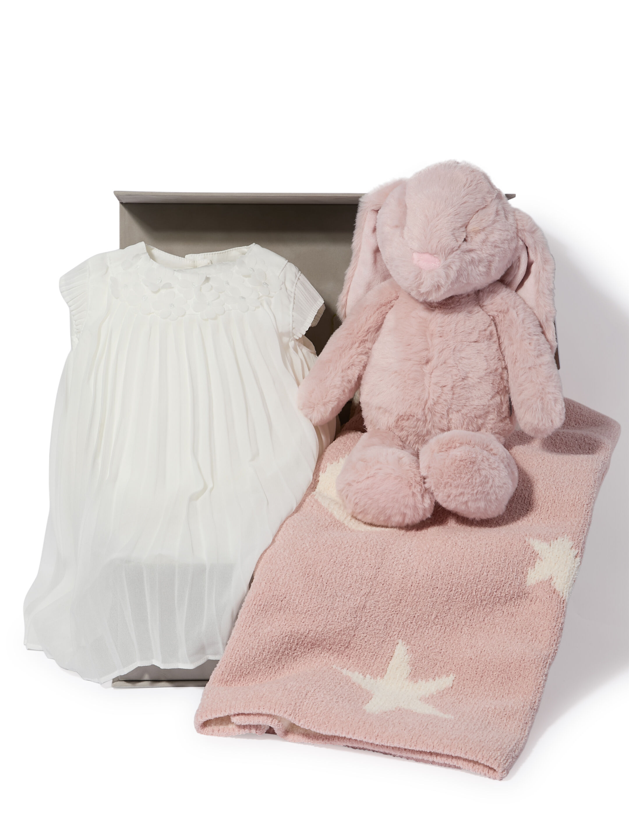 Pleated Dress - 4 Piece Gift Set with Soft Toy Pink Bunny and Chenille Blanket image number 1